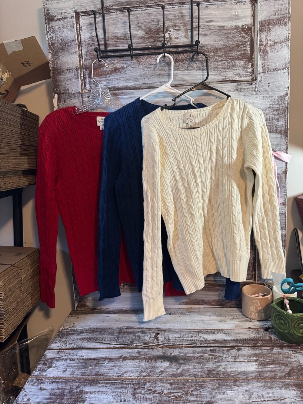 St. John's Bay Cable Crew 3 Bundle Sweaters - Red, Navy & Ivory